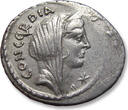 ROMAN REPUBLIC AR silver denarius 42 B.C. L. Mussidius Longus, Rome - Shrine of Venus Cloacina - star symbol on obverse - VF+ / EF-sharply struck, minor weakness