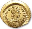 ROMAN EMPIRE AV gold tremissis circa 408-420 A.D. Theodosius II, Constantinople mint - VICTORIA AVGVSTORVM - VF+ / EF-minor graffiti on obverse right field