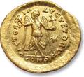 ROMAN EMPIRE AV gold tremissis circa 408-420 A.D. Theodosius II, Constantinople mint - VICTORIA AVGVSTORVM - VF+ / EF-minor graffiti on obverse right field