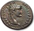 ROMAN EMPIRE AR silver denarius circa 36-37 A.D. Tiberius, Lugdunum (Lyon) mint (group 5) - famous tribute penny type VF+ / EF-gold / blue (re)toning