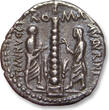 ROMAN REPUBLIC AR silver denarius 134 B.C. Ti. Minucius C.f. Augurinus, Rome VF+ / EF-dark steelgrey toning, hints of blue irri