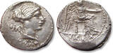 ROMAN REPUBLIC AR silver denarius 89 B.C. M. Porcius Cato, Rome mint VF+ / EF-lightly toned