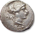 ROMAN REPUBLIC AR silver denarius 89 B.C. M. Porcius Cato, Rome mint VF+ / EF-lightly toned