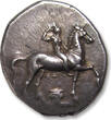 ANCIENT GREECE AR silver stater circa 302 B.C. CALABRIA, Tarentum, struck under magistrates Sa... and Kon... VF+ / EF-beautiful dark steelgrey toning, hints of