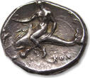 ANCIENT GREECE AR silver stater circa 302 B.C. CALABRIA, Tarentum, struck under magistrates Sa... and Kon... VF+ / EF-beautiful dark steelgrey toning, hints of