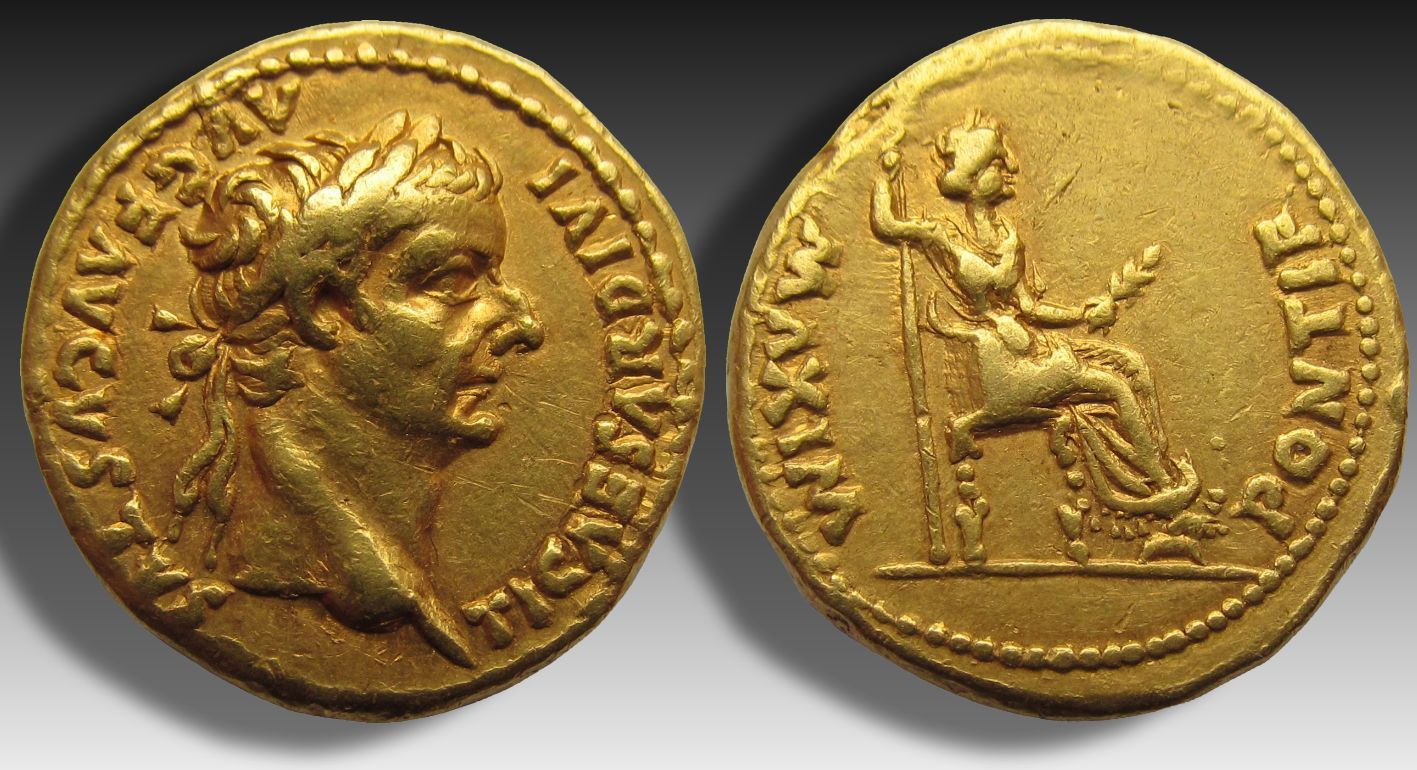 ROMAN EMPIRE AV gold aureus 14-37 A.D. Tiberius, Lugdunum mint --  beautifully struck, quality coin -- VF+ / EF-minor surface (hairline)  scratches