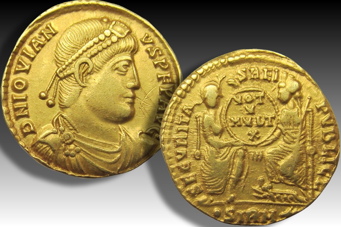 ROMAN EMPIRE AV gold solidus 363-364 Jovian Iovianus, Sirmium mint-  rare cointype from a scarcer emperor VF+ EF-superb portrait, graffiti  on obverse righ MA-Shops