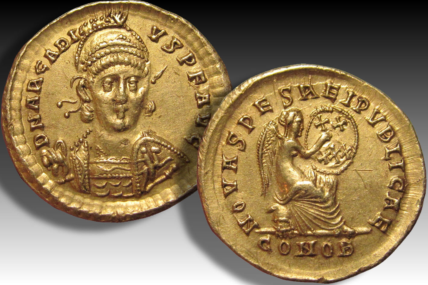 ROMAN EMPIRE AV gold solidus circa 402-403 A.D. Arcadius, Constantinople  mint - NOVA SPES REIPVBLICAE - EF++ small graffiti mark "V" on  reverse, some mint luster | MA-Shops