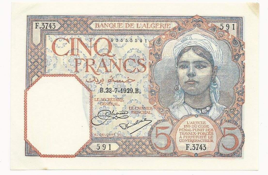 Algerie Algerien Algeria 5 Francs 23 7 1929 Banque De L Algerie F 3743 Au Gem Unc Ma Shops