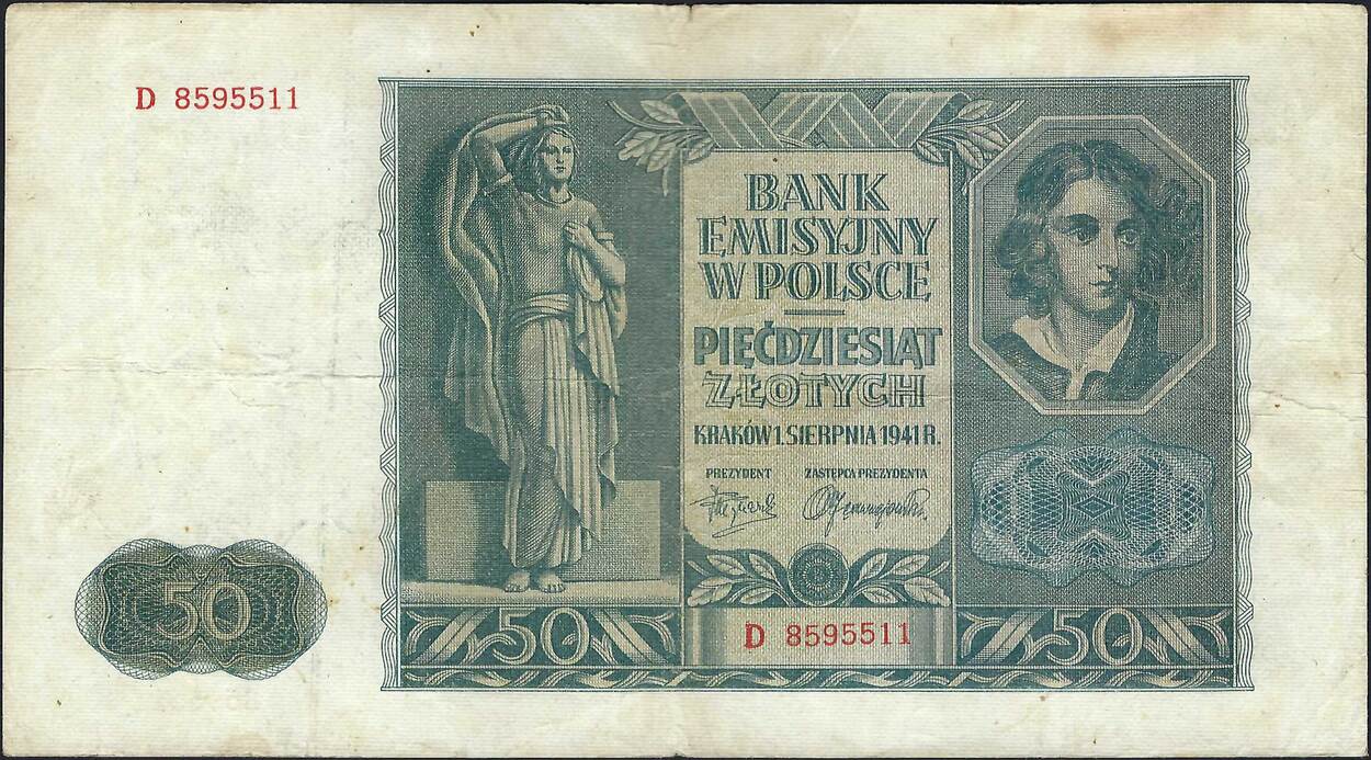 Poland 50 Zloty 1941 WITH SOME PALE P-77 XF 