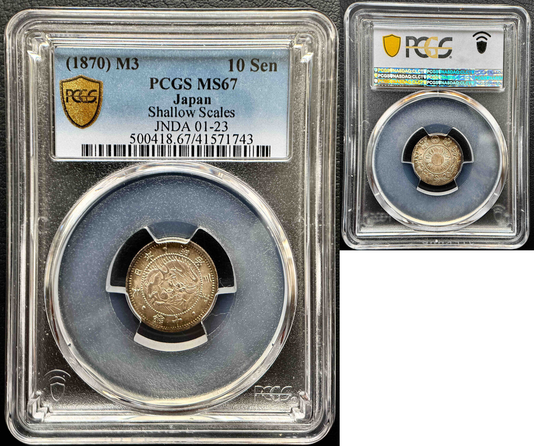 1870 (Meiji Year 3) Japan 10 Sen Silver Coin – Dragon – PCGS MS67