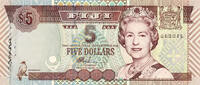Fiji $5 banknote (2002 series) | Queen Elizabeth II portrait and Nadi Airport -