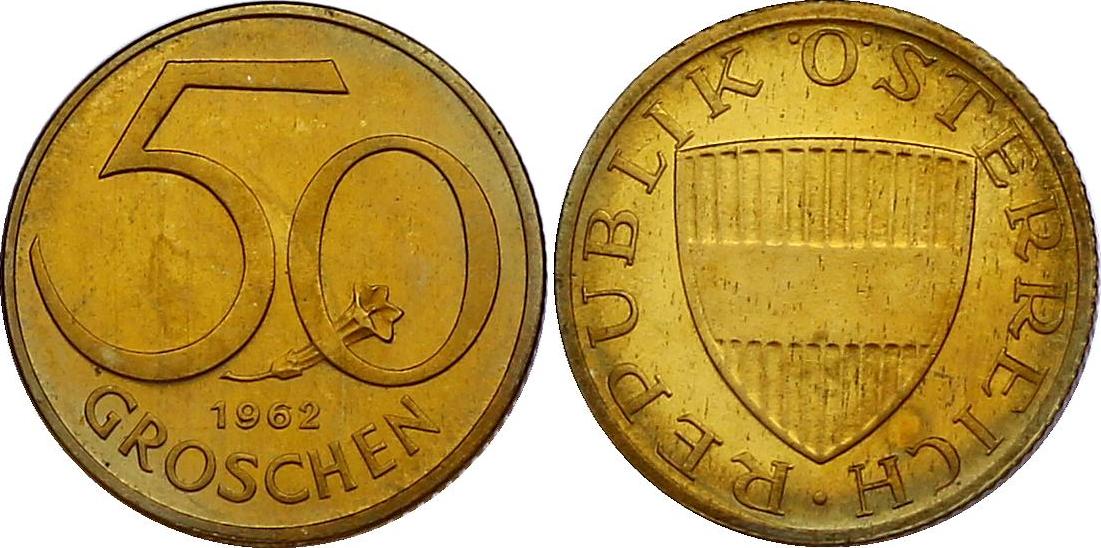 2 GROSCHEN,DATED 1962,ROLL OF 50,BU COINS. AUSTRIA 