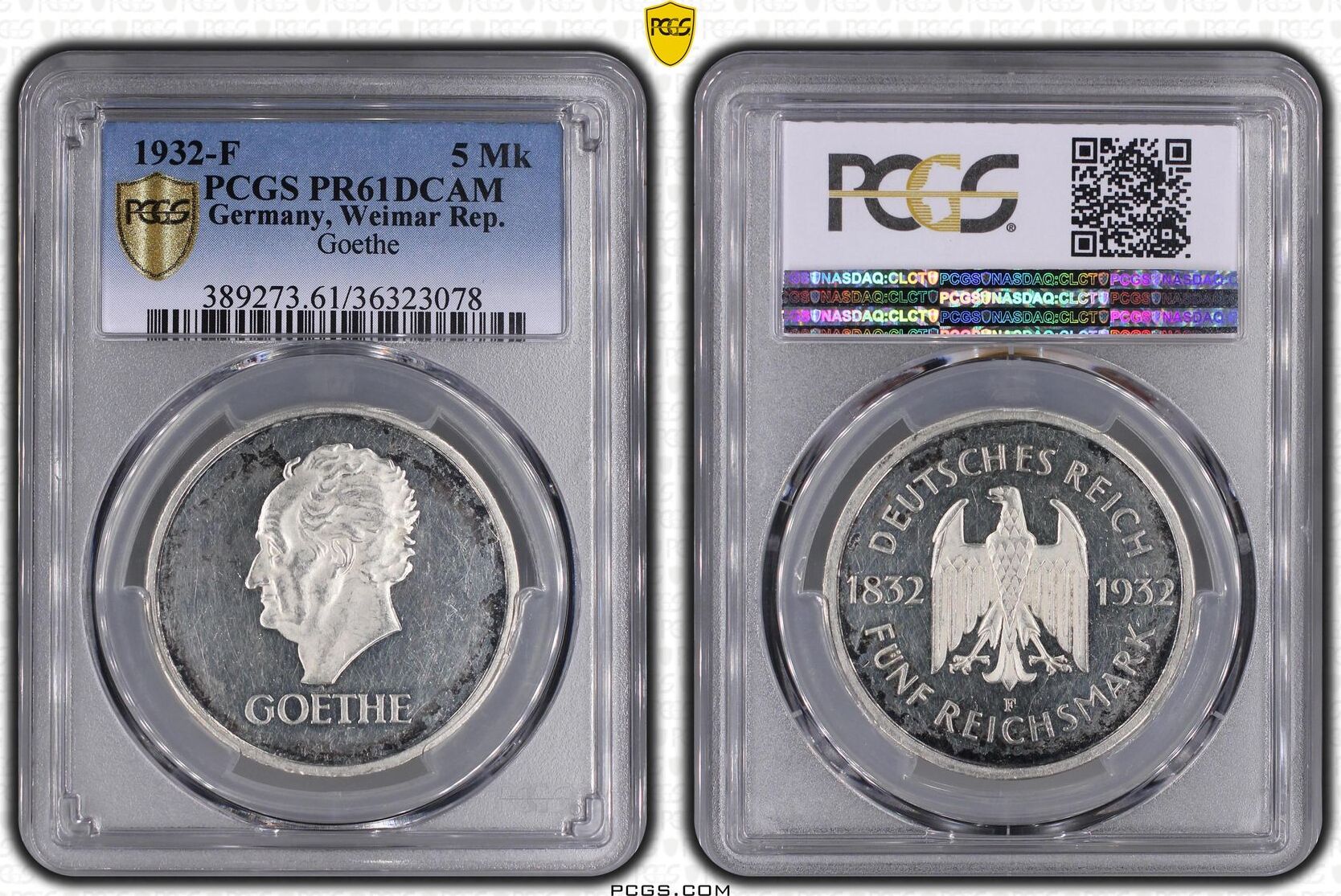 Weimar Rep. 5 Mark 1932-F 100th Anniv. of the Death of Goethe PCGS ...