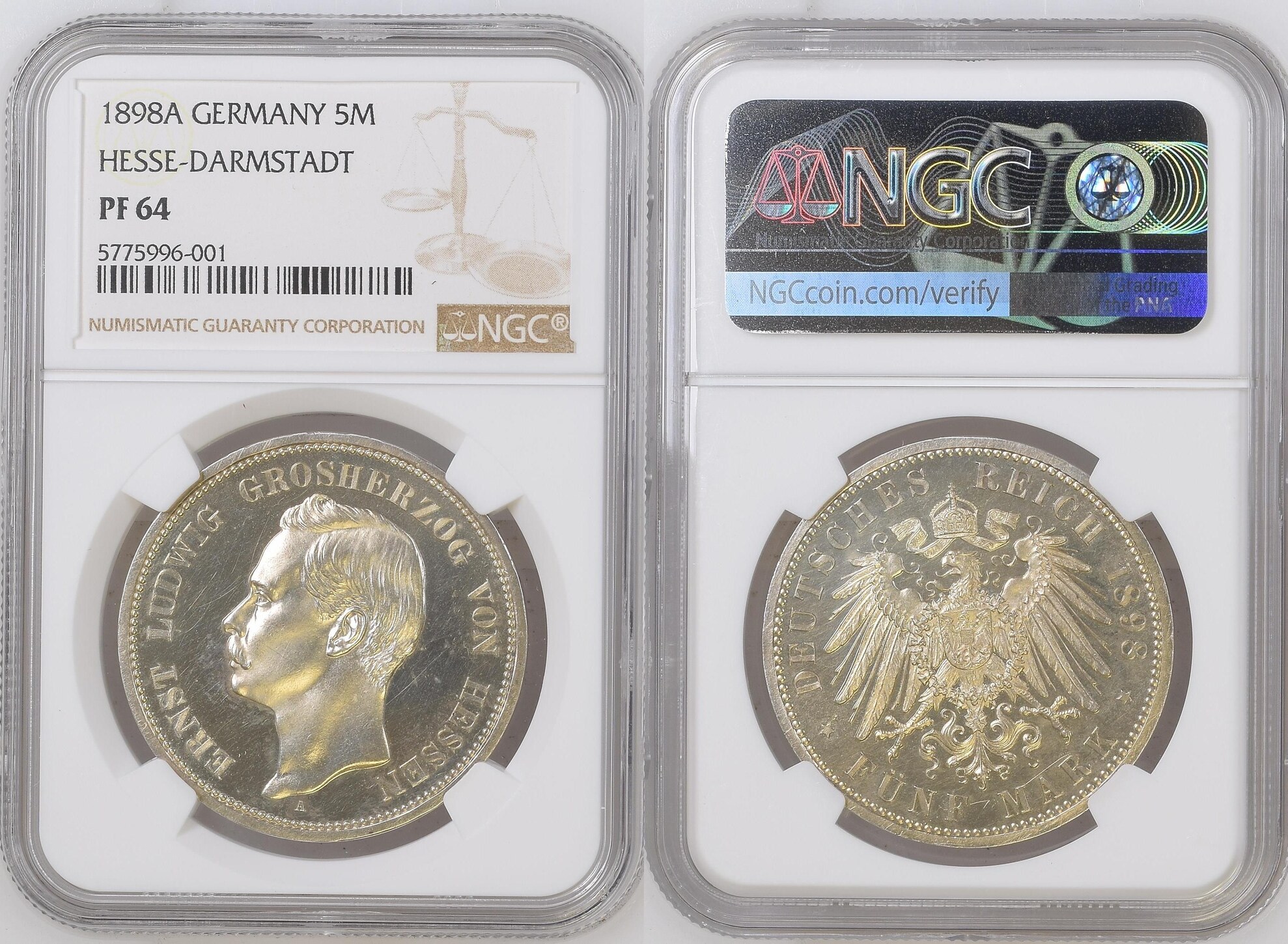 5 Mark 1898-A Grossherzogtum Hessen Ernst Ludwig NGC PF 64