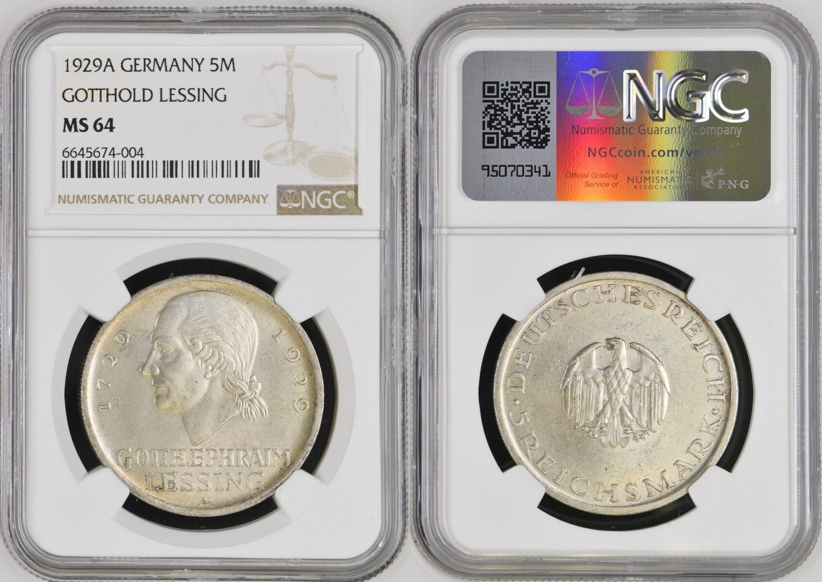 1927年 日本銭 MS 64 RB NGC認証 Weimar 5 Mark 1929-A Gotthold Ephraim Lessing UNC with satin