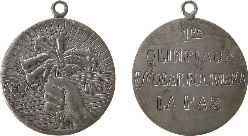 Bolivien Tragbare Medaille 1937 Silber La Paz 1ra Olimpiada Escobar Boliviana La Paz Hand Mit Blumenstrauss Gravur Ca 28 5 Mm Ca 7 9 Gramm Vf Ma Shops