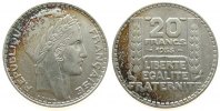 Frankreich 20 Francs Ag Marianne, kurze Spitzen, rameaux courts -
