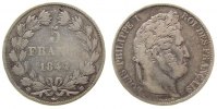 Frankreich 5 Francs 1844 Ag Louis Philippe I, BB (Strasbourg) VF-
