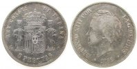 Spanien 5 Pesetas Ag Alfonso XIII, PG-M -
