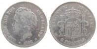 Spanien 5 Pesetas Ag Alfonso XIII, PG-M -