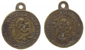 Wallfahrt tragbare Medaille Bronze Heilige Familie, Hl. Joseph bitte f. uns u. da. Heidenkinder / Hl. Maria bitte f. uns u. da. Heidenkinder, ca. 18 MM -