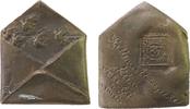 Gelegenheitsmedaillen Plakette Bronzeguß Postwesen - BUEK BEKE 87, geöffneter Briefumschlag aus welchem Brieftauben auffliegen / Stempel mit unleserlicher Schr -