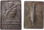 Schützen tragbare Plakette versilbert Köln - auf das 19. Deutsche Bundesschießen, Armbrustschütze vor Stadtansicht, im Hintergrund Dom, v. Poellath, ca. 30 -
