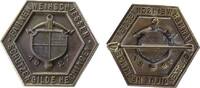 Schützen Abzeichen Messingblech Hechingen - auf das Fahnenweihschießen, Wappen vor Armbrust, einseitig, ca. 30 MM, intakte Nadel, etwas fleckig -