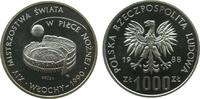 Polen 1000 Zlotych 1988 Ag Fußball WM Italien. Probe, etwas angelaufen pp 43.46 US$  zzgl. 4.56 US$ Versand