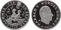 50 Kronen 1992 Norwegen Ag Harald V, zwei Kinder beim Schlittenfahren, Olympische Spiele Lillehammer pp