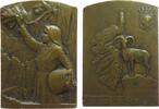 Frankreich Plakette Bronze Korsika (Corsica) - Kastanienernte, Frau beim Ernten von Kastanien / Karte von Korsika neben Wappen und Mufflon, v. Patri -
