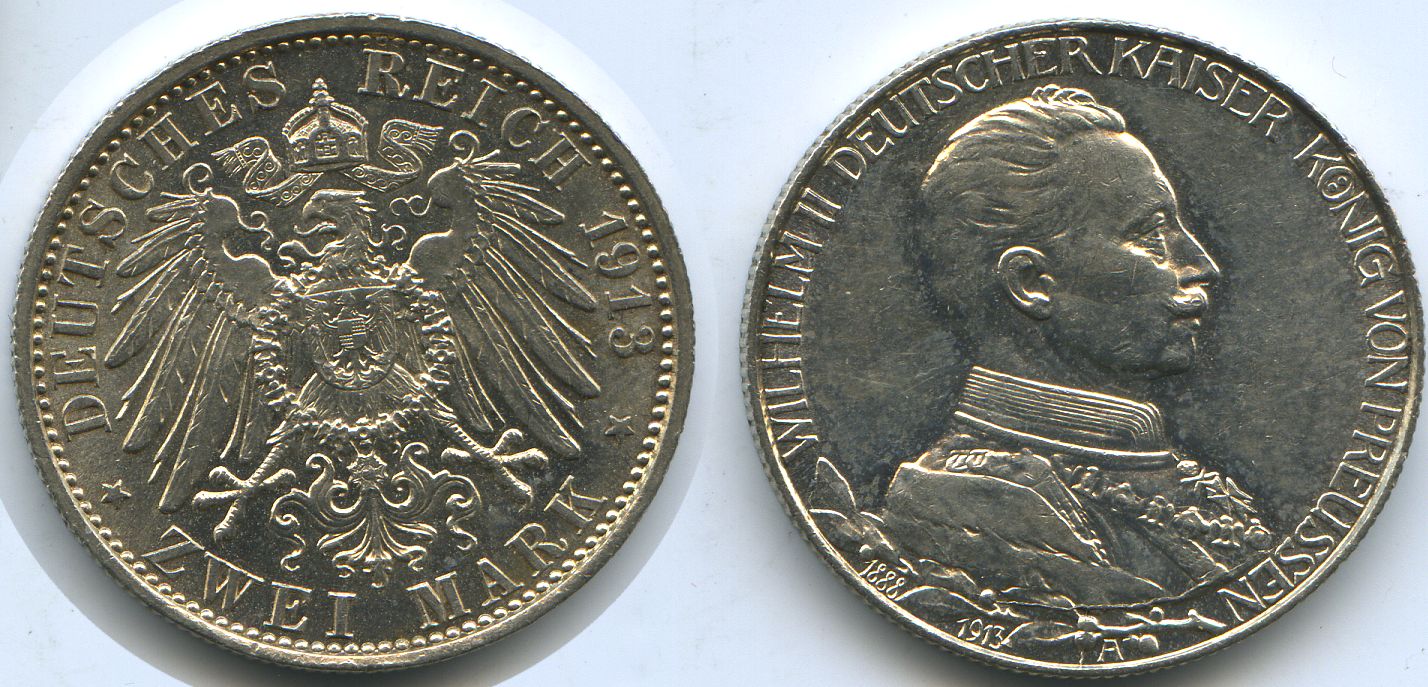 Preussen Deutsches Reich 2 Mark 1913 A Silber vz