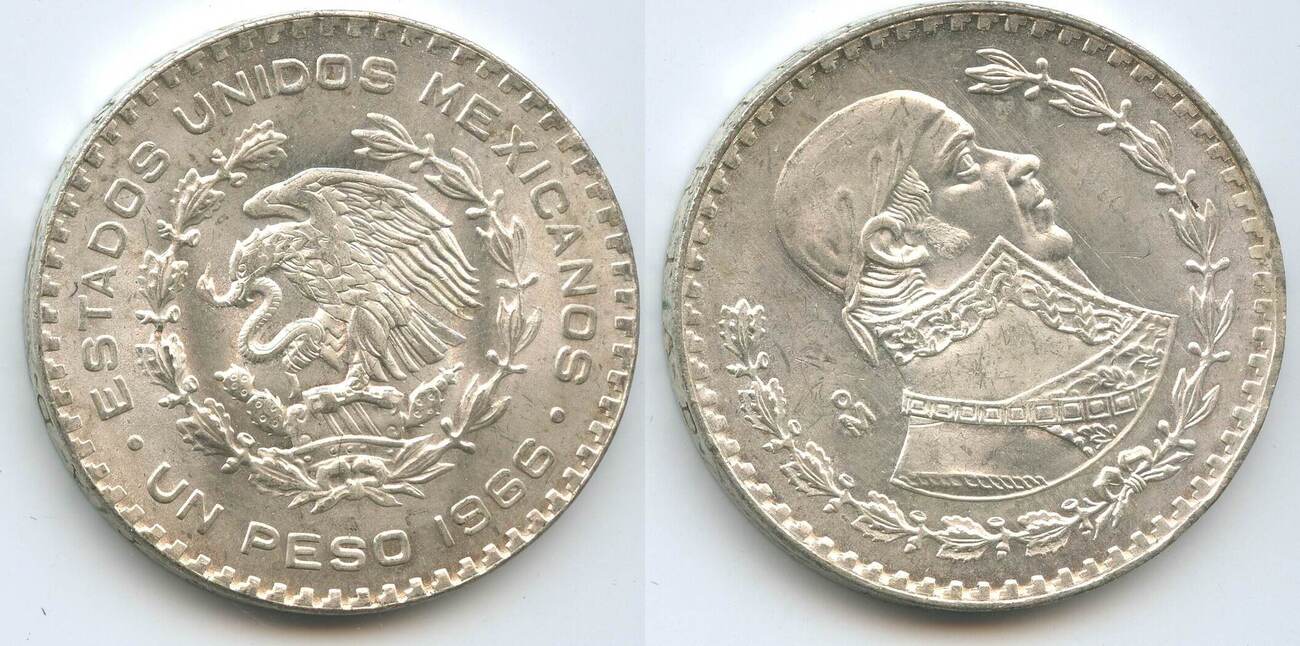 Mexiko 1 Peso 1966 M° GS034 - Adler & Schlange Silber 100/1000 Mexico ...
