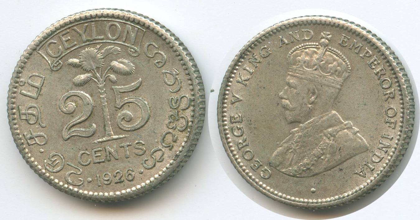 Ceylon 25 Cents 1926 M 6196 British King George V 1910 1936 Sri Lanka Ef Ma Shops