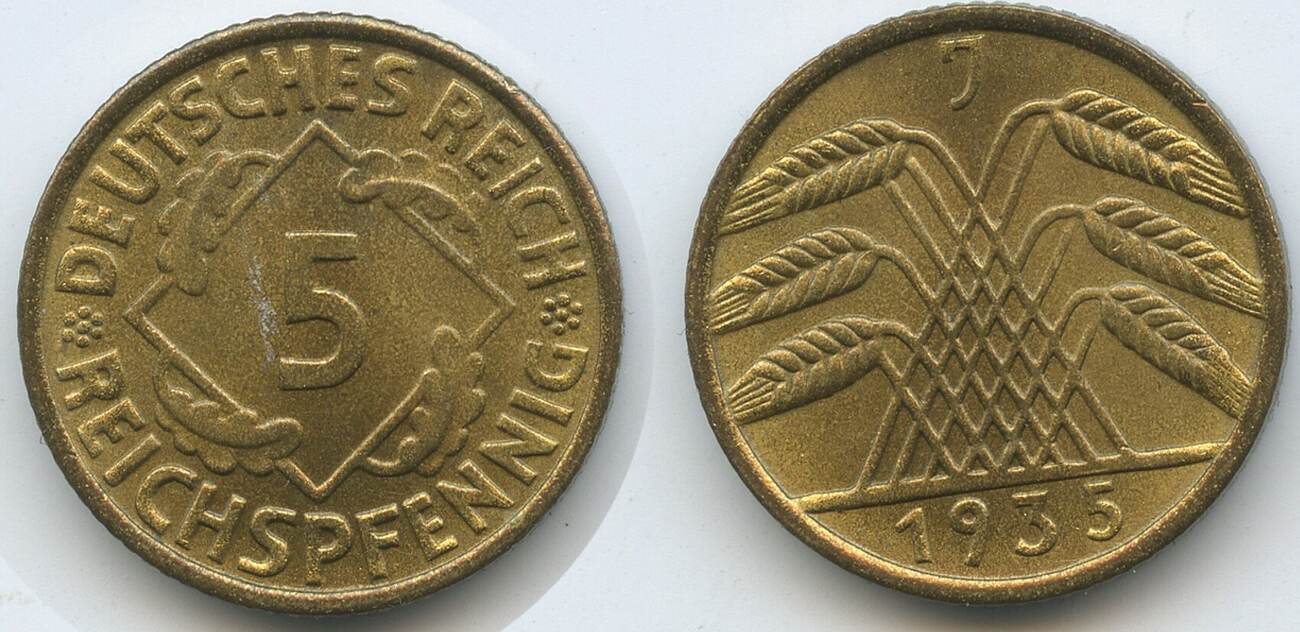 Deutsches Reich Weimar 5 Reichspfennig 1935 J Hamburg G11333 - Germany ...