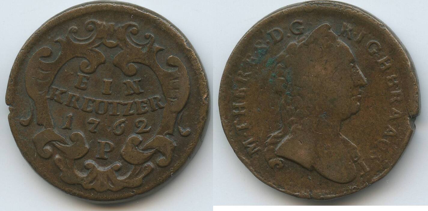 RDR Osterreich Bohmen 1 Kreuzer 1762 P Prag G5414 Maria Theresia 1740 1780 Austria Bohemia F VF MA Shops