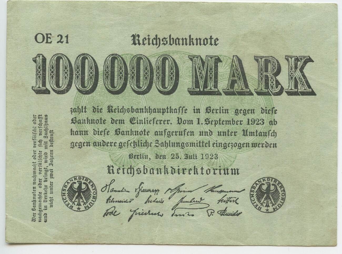 Deutsches Reich 100000 Mark Banknote 25. Juli 1923 GB770 ...