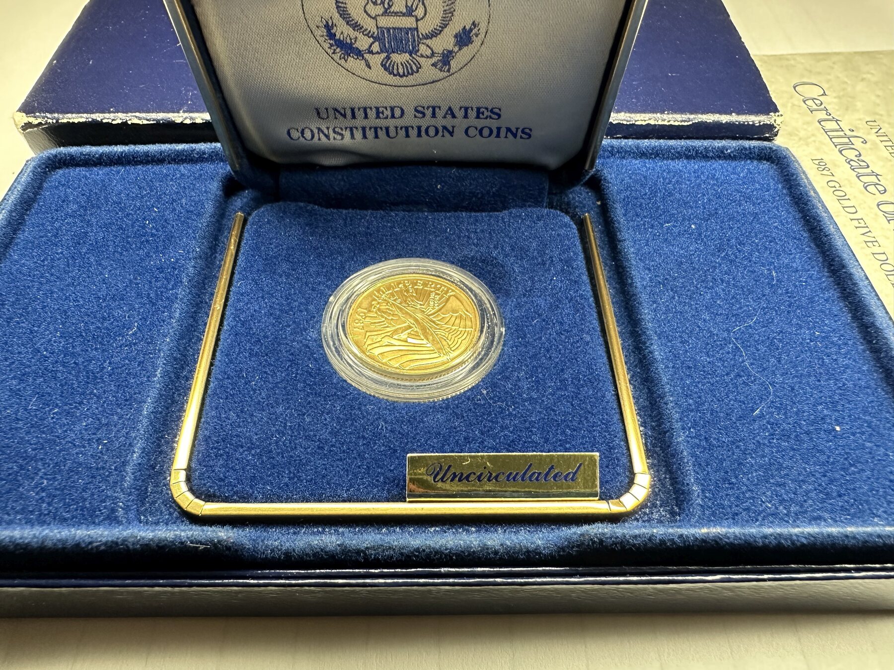 Vereinigten Staaten von Amerika USA 5 Dollars Gold 1987 GN474 - 200th  Anniversary of United States Constitution Unzirkuiert in Original Box mit  Zertifikat | MA-Shops