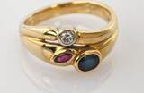 Ringe  Vintage Goldring mit Diamant, Saphir und Rubin | 750 / 6,64g / Gr. 55