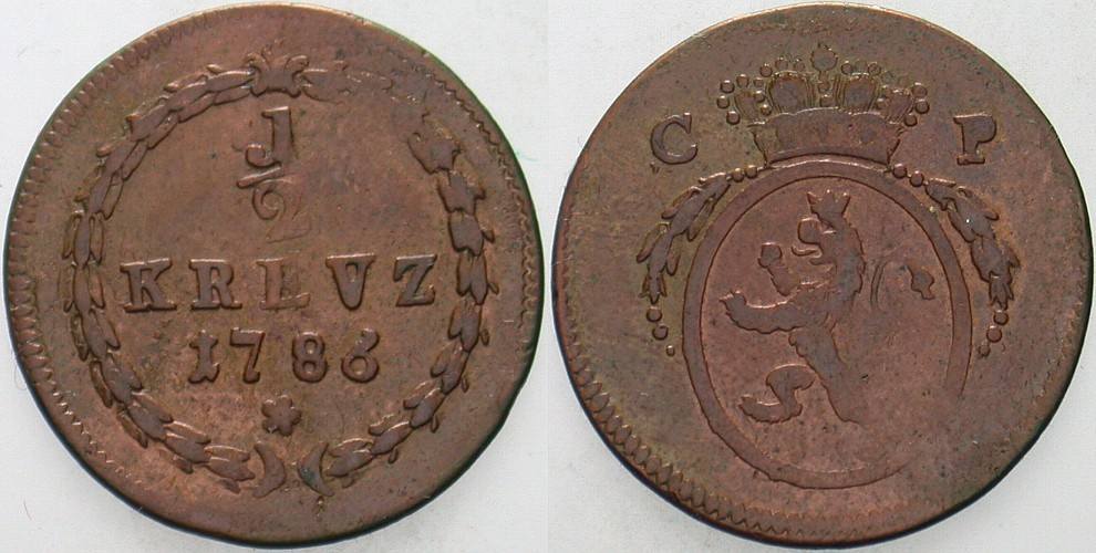 Pfalz-Kurlinie 1/2 Kreuzer 1786 Mannheim Karl Theodor 1742-1799. VF ...