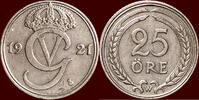 25 Öre SWEDEN, KINGDOM - GUSTAV V, 1907-1950 - 1921 W, Stockholm -