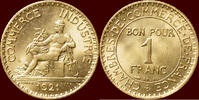 M&uuml;nzen 1 Franc 1921 FRANCE - THIRD REPUBLIC, 1871-1940 -  1921, Paris  80.93 US$  +  37.00 US$ shipping