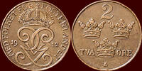 2 Öre SWEDEN, KINGDOM - GUSTAV V, 1907-1950 - 1912, Stockholm -