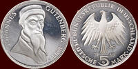 5 Mark GERMANY - BRD - 1968 G, Karlsruhe “Gutenberg” -