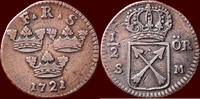 ½ Öre SWEDEN, KINGDOM - FREDRIK I, 1720-1751 - (Silver Mynt), Stockholm -