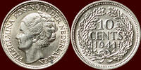10 Cents 1941 P Koninkrijk der Nederlanden NEDERLAND (NETHERLANDS, KINGDOM) - WILHELMINA, 1890-1948 -   1941 P, Philadelphia unz- /  unz