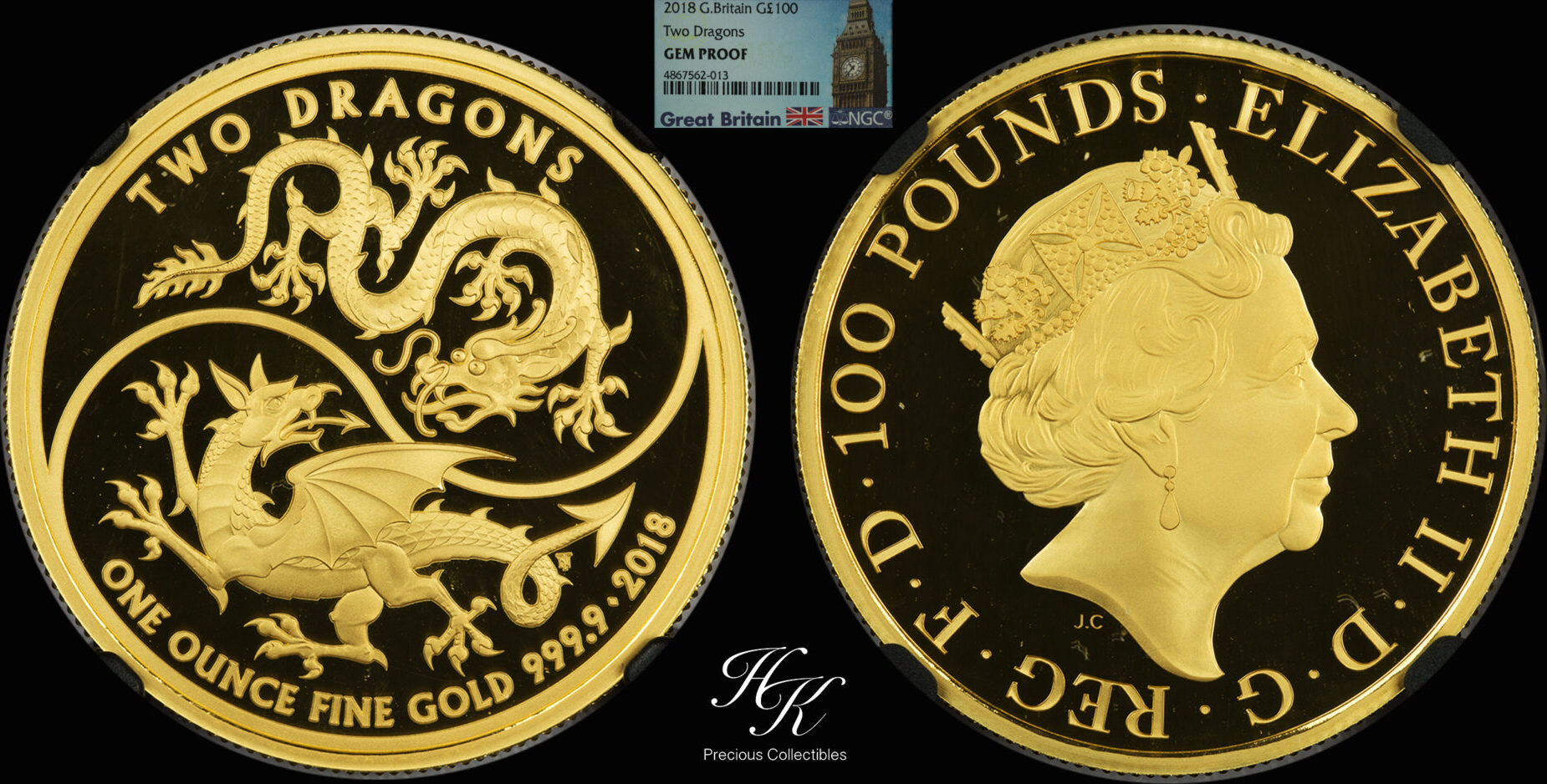 100 POUNDS Gold 100 Pound 2018 1 oz Two Dragons NGC GEM PROOF