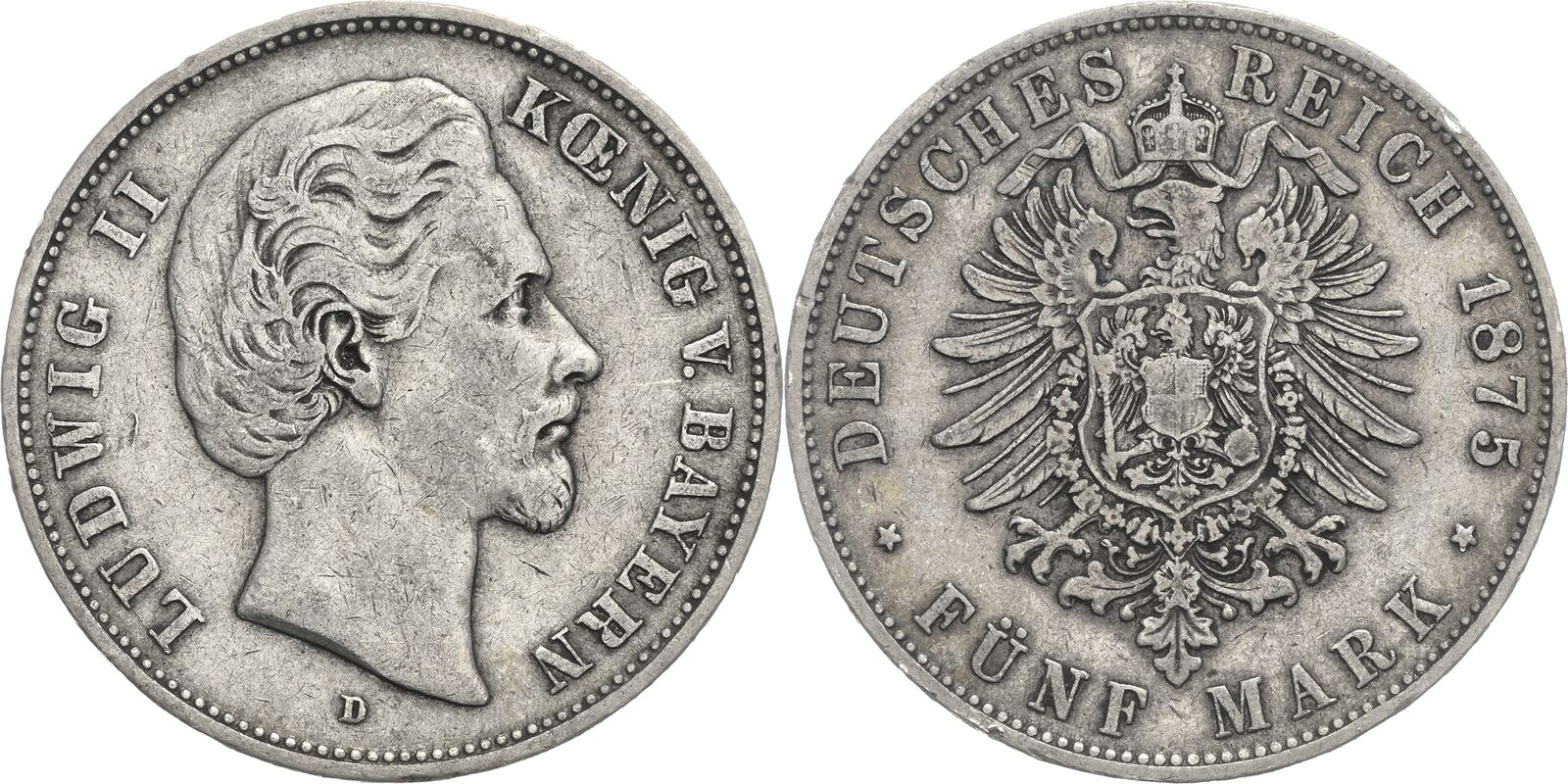 Bayern 5 Mark 1875 Ludwig II. 1864-1886 VF | MA-Shops