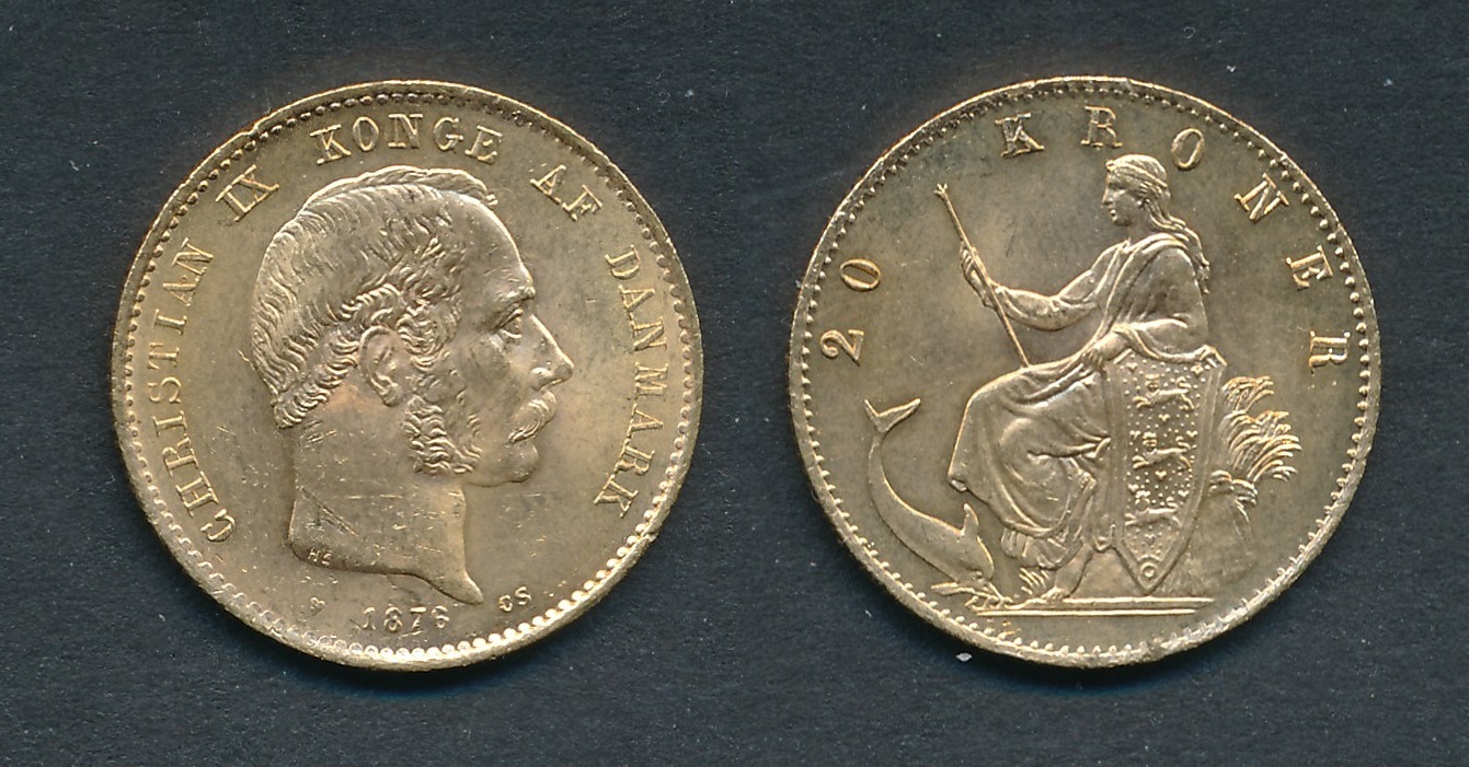 Denmark 20 Kroner 1876 Christian IX, small notch to the edge, UNC MA